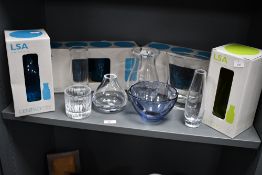 A selection of contemporary LSA International glassware, to feature a lime and turquoise carafe,