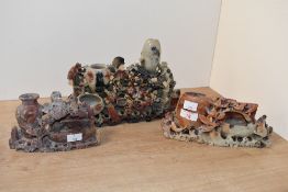 Three vintage Chinese carved soapstone sculptures, to feature the largest example decorated with