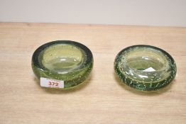 A vintage Whitefriars green controlled bubble glass bowl, unmarked , 10cm diameter, condition