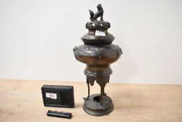 A late 19th to early 20th-century Japanese metal thought to be bronze censer, featuring a Foo dog