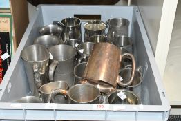 A collection of silver plate and pewter tankards, various some with engraved presentation