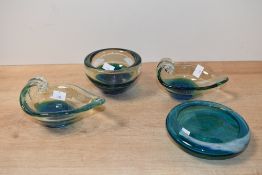Four late 20th-century Mdina Art glass decorative bowls, to feature deep hues of blue and green