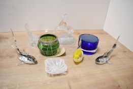 A small selection of mixed glass wares, to include a white metal mounted Loetz/Kralic glass style