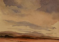 A 20th Century watercolour, a mountainous landscape at sunset, unsigned or attributed within card