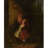 A 19th Century oil on board, depicting a young girl reaching for an apple tree branch, unsigned or