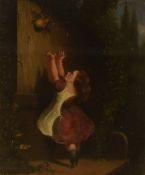 A 19th Century oil on board, depicting a young girl reaching for an apple tree branch, unsigned or