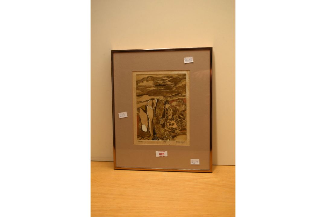 After Peter Lyon (British 20th Century) Colourised etching 'Hilltop', a landscape study with bird of - Image 2 of 5
