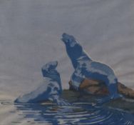 After Noel Heath (British 20th Century) Colour Woodblock print, a study of a pair of sealions,