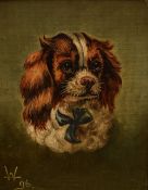 A pair of 19th Century oil on board dog portraits, artist's monogram (WH?) and date (96) lower