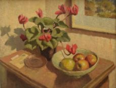 John Davies (British 1899-1985) Oil on board 'Still Life - Cyclamen', an impressionistic study of