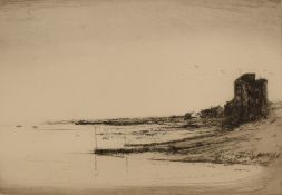 After Kenneth Holmes (British 1902-1994) Etching, a coastal landscape with castle, signed in