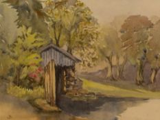 A Contemporary watercolour on paper, a lake side boathouse surrounded by woodland, initialled 'B'