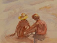 A Sutcliffe (British 20th Century) Watercolour, a study of two women on a beach, signed in pencil
