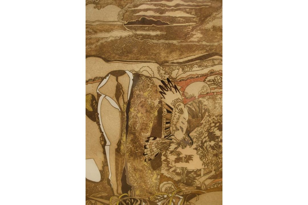 After Peter Lyon (British 20th Century) Colourised etching 'Hilltop', a landscape study with bird of - Image 3 of 5