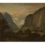 A 19th Century oil on board, depicting the Swiss village of Lauterbrunnen and Staubbach Falls,