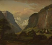 A 19th Century oil on board, depicting the Swiss village of Lauterbrunnen and Staubbach Falls,