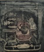 Deidre Borlase (British 1925-2018) Colour etching, a study of a hearth with boiling kettle, signed