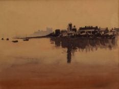 A 20th Century watercolour landscape, a coastal town at sunset, unsigned or attributed, within