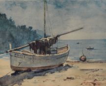 A 20th Century maritime lithograph, depicting beached sailing boats, facsimile signature, title