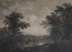 After John Boydell (British 1719-1804) Etching, a pastoral river view with figures and cattle,