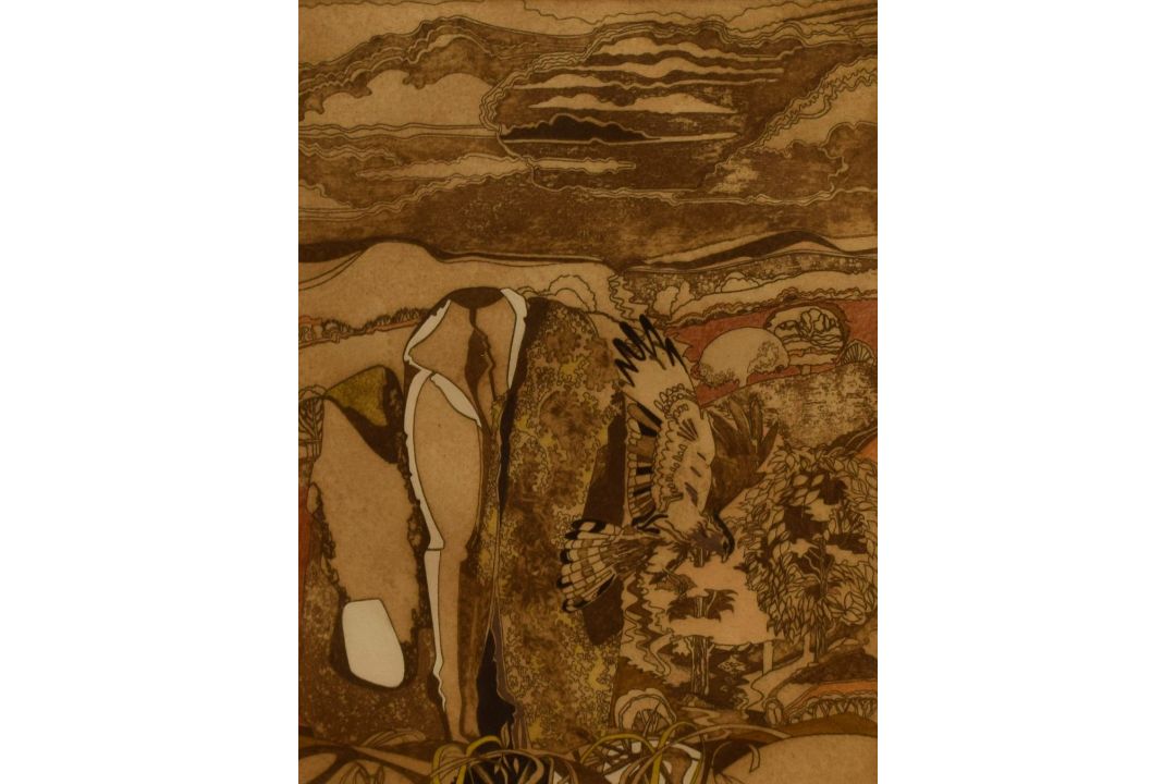 After Peter Lyon (British 20th Century) Colourised etching 'Hilltop', a landscape study with bird of - Image 1 of 5
