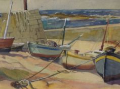 A 20th Century watercolour coastal scene, depicting moored fishing boats, unsigned or attributed,