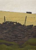 Derek H Wilkinson (British 1929-2001) Oil on board, a study of a dry stone wall with distant hill