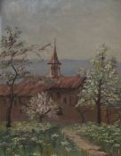A Late 19th/Early 20th Century oil on board, a German church study in spring, unsigned or