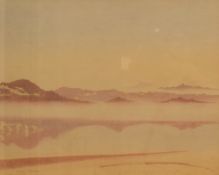 William A Brigtow (British 20th Century) Watercolour, a mountainous landscape reflected upon a lake,