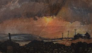 Brian Nolan (British 1931-2019) Mixed Media, a dramatic sunset over hill top farmland in pastel