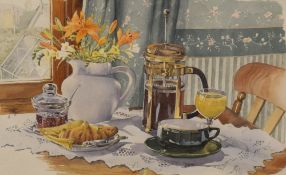 *Local Interest* Christine Baines (British Contemporary) Watercolour 'Continental Breakfast', a