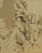 After Bernard Dufour (French 1922-2016) Print on canvas 'Study of Two Girls in Hats', within moulded