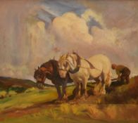 A 20th Century impressionistic oil on board, an agricultural scene with farmer and working horses,