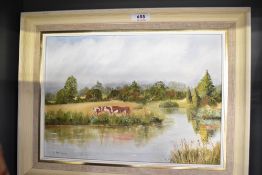 C. Balkham (20th Century) Oil on board 'Quiet Waters - Kent', a pastoral river scene with cattle,