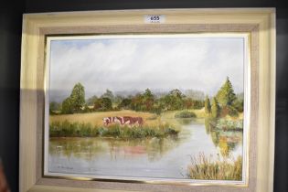 C. Balkham (20th Century) Oil on board 'Quiet Waters - Kent', a pastoral river scene with cattle,