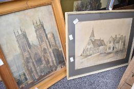 A 19th Century hand colourised etching of York Cathedral, within moulded wooden frame, under glass