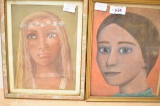 A 20th Century oil pastel portrait, depicting a young crying young woman in flower crown, unsigned