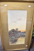 W Foxgile? (British 19th Century) Watercolour, a riverside church with boat and figures, signed