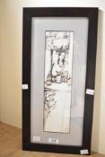 Linf (Contemporary) Ink and watercolour, an interior study with female figure reflected in mirror,