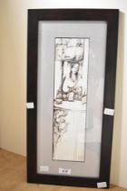 Linf (Contemporary) Ink and watercolour, an interior study with female figure reflected in mirror,