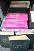 A carton of assorted books including New Junior Encyclopedia Vol 1-16, three volumes of Readers