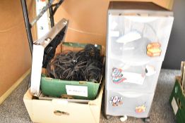 An aluminium tool case and selection of various leads, arranged in set of plastic drawers, XLR, Jack