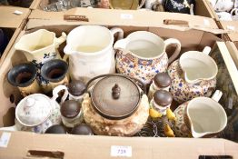 A small collection of jugs including a set of three Johnson Ltd Burslem Imari style jugs in