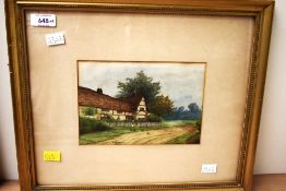 A.E.Gibson (Early 20th Century) Watercolour, a farm house with a woman feeding chickens, signed