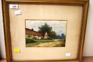A.E.Gibson (Early 20th Century) Watercolour, a farm house with a woman feeding chickens, signed