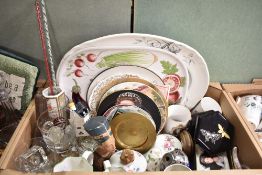 Three crystal golf trophies, a Wedgwood 'Wild Strawberry' egg trinket dish, a small selection of