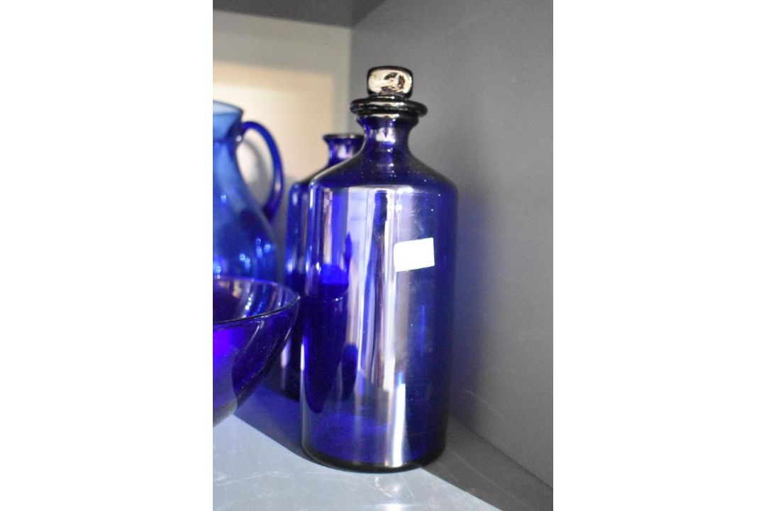 A collection of cobalt Bristol blue art glass items including a pair of mouth blown apothecary - Image 2 of 2