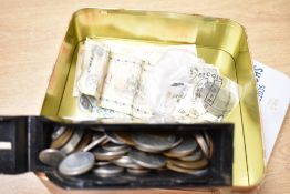 A collection of 20th Century British coins together with world coins and banknotes. Approximate