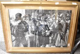 A 20th Century monochromatic print, depicting Oliver Cromwell being presented with a sceptre,