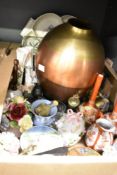 A large metallic vase of bulbous form, a Poole Pottery hors d'oeuvres dish having fish decoration,
